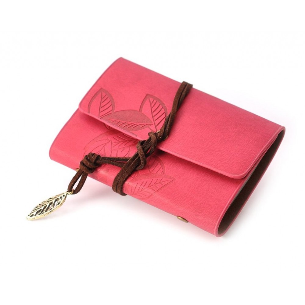 Leaf Pattern Leather Card Holder - Red